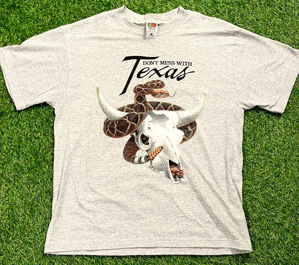 1990s Don't Mess With Texas Rattlesnake Skull Tee (Grey)