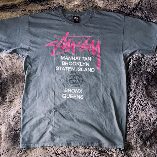 Stussy Pink Logo Tee Grey